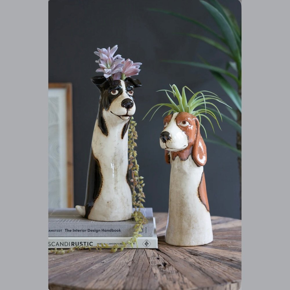 Set of 2 Ceramic Dog Planters