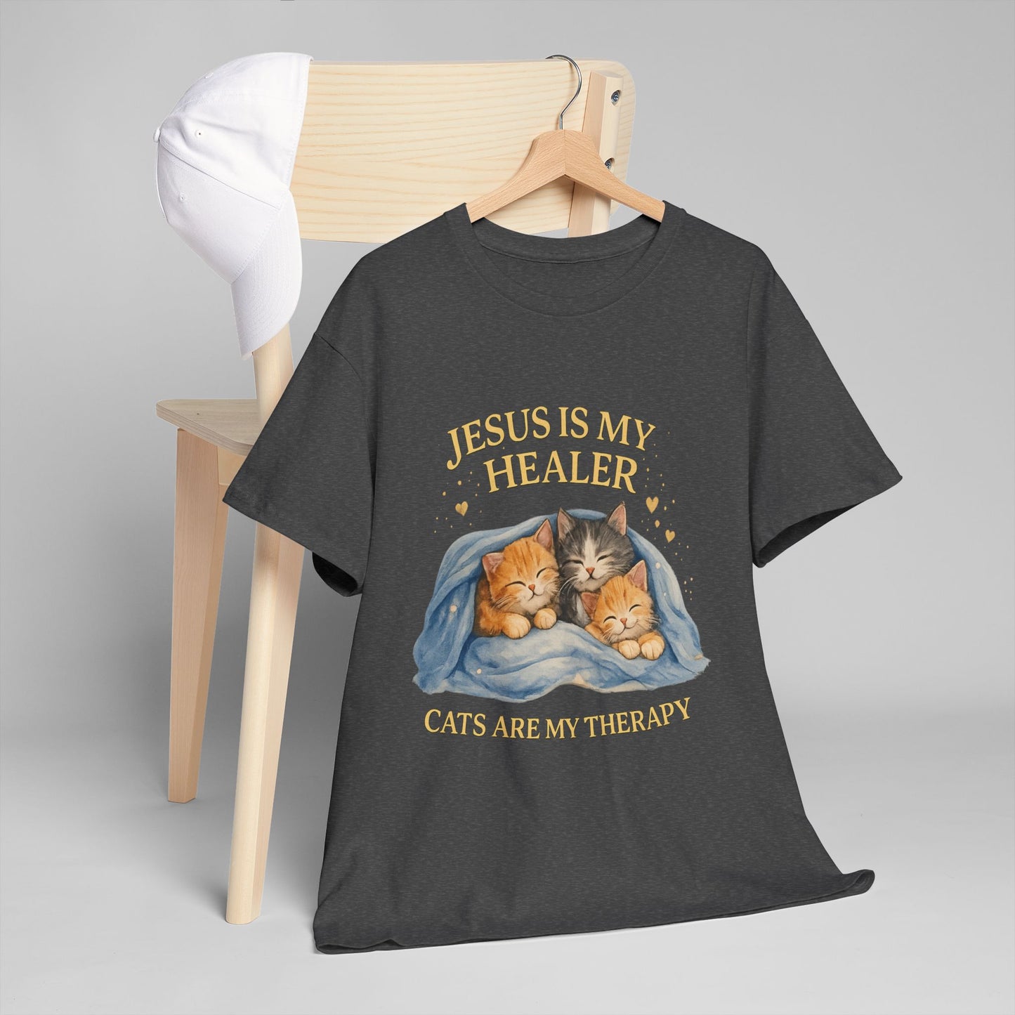 Christian Cat T-Shirt — "Jesus Is My Healer, Cats Are My Therapy" Cute Faith & Pet Tee