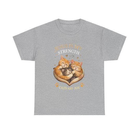 Christian Cat T-Shirt — "Jesus Is My Strength, Cats Are Joy" Comfort Tee