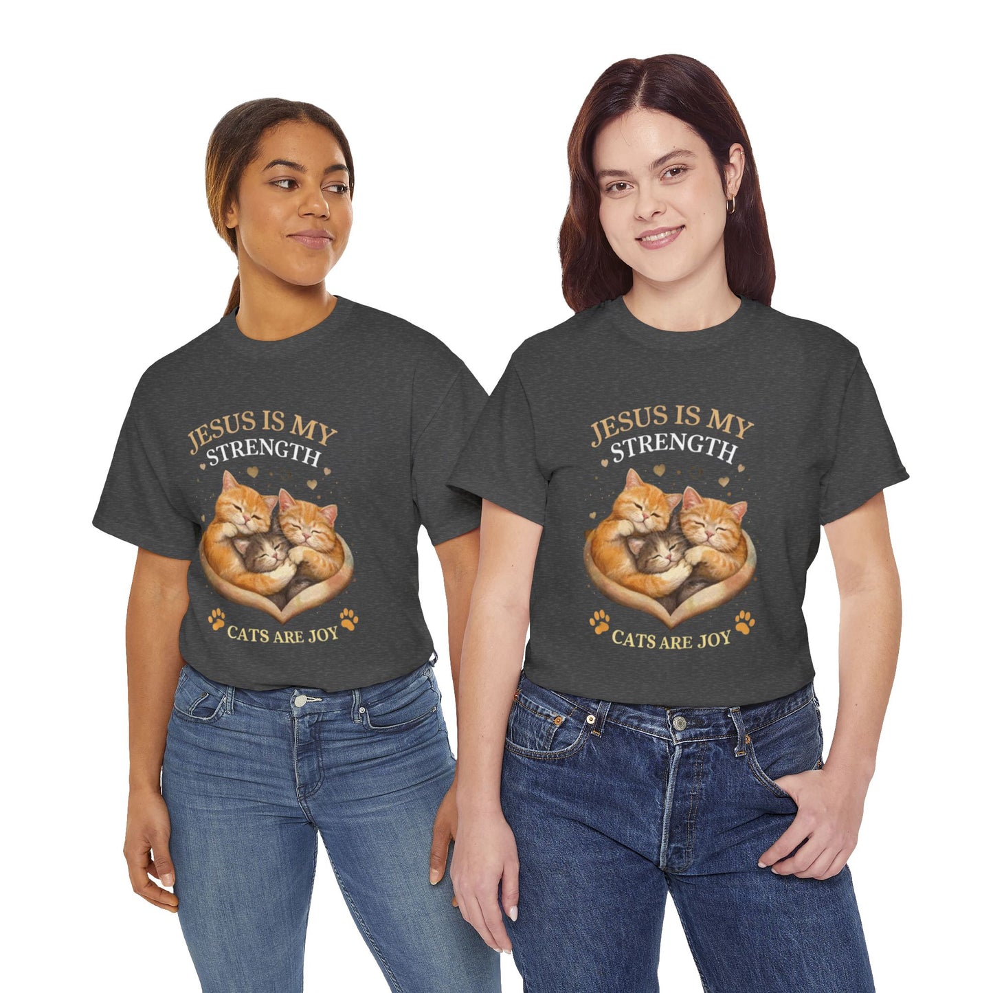 Christian Cat T-Shirt — "Jesus Is My Strength, Cats Are Joy" Comfort Tee