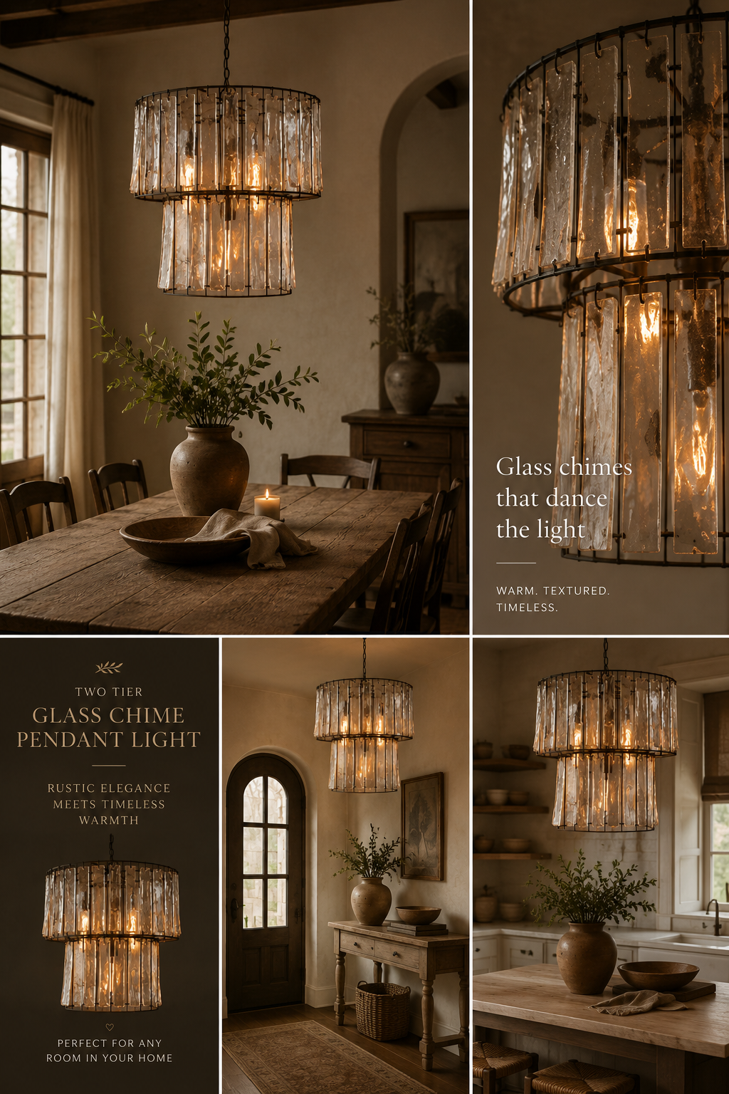 Two-Tiered Round Pendant Light with Glass Chimes