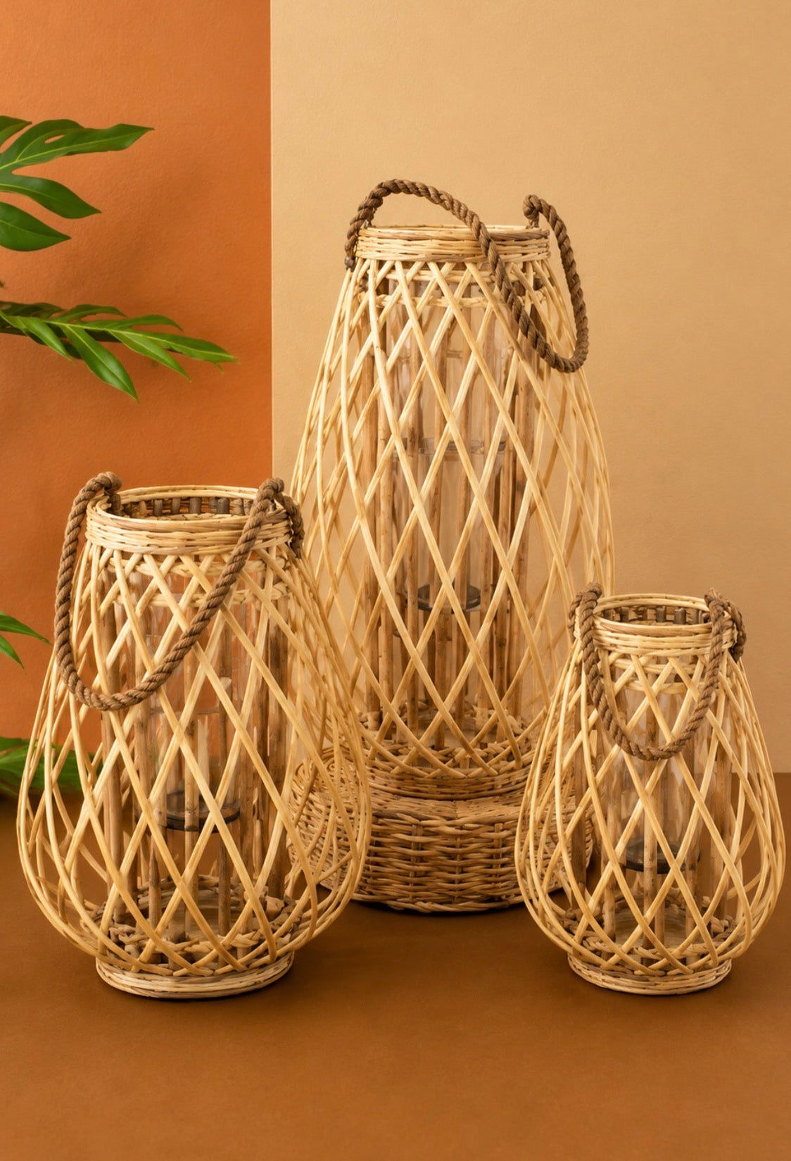 Set of 3 Natural Willow Lanterns with Glass Insert