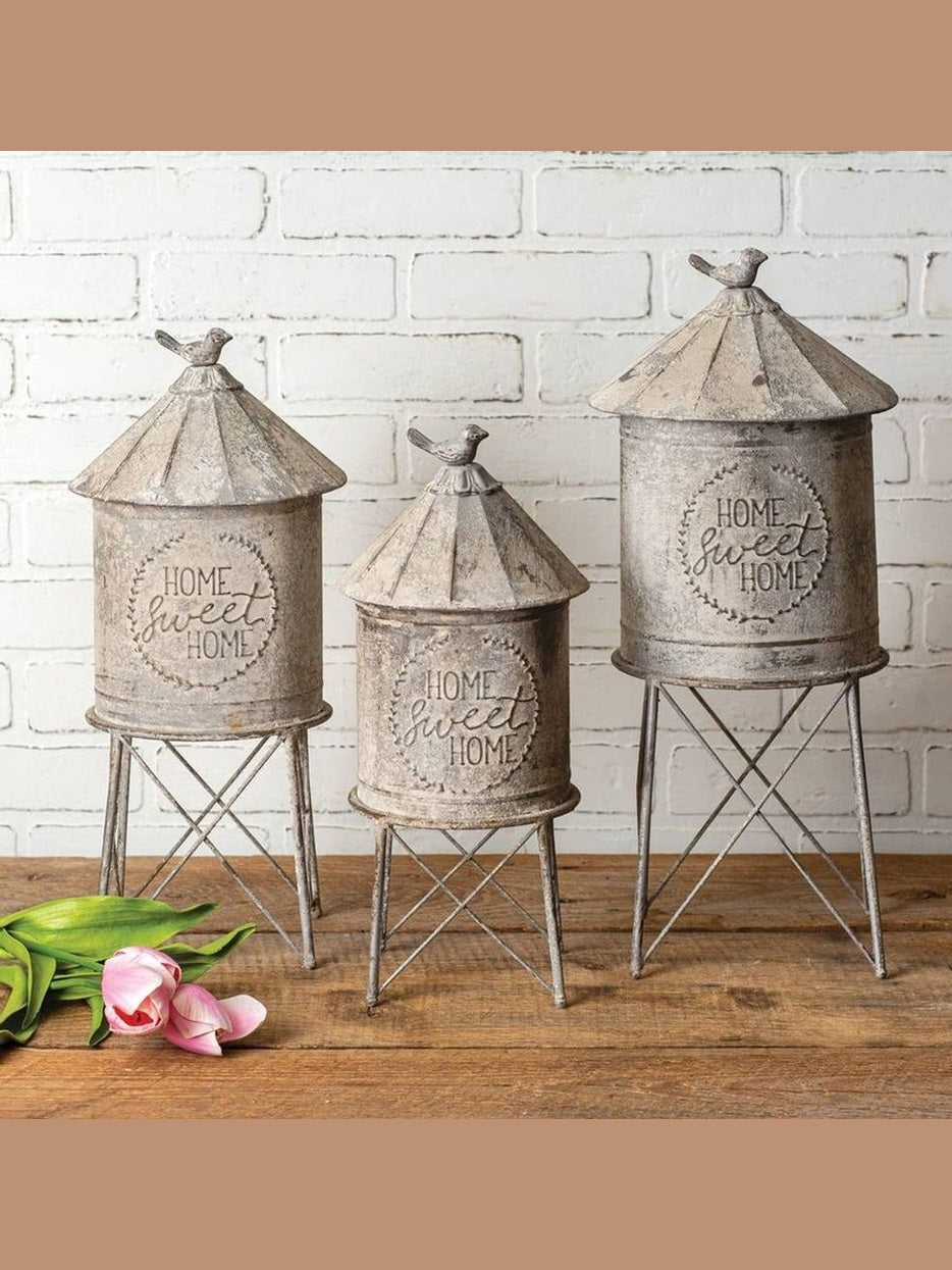 Set of Three Rustic Metal Silo Containers – Decorative Farmhouse Storage