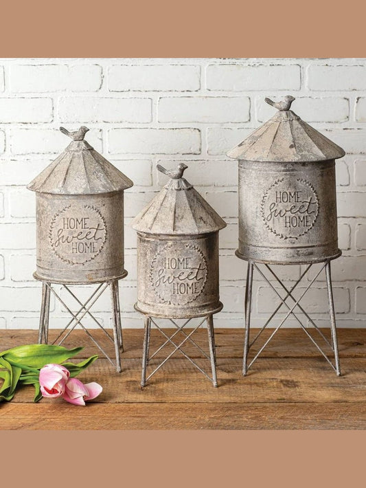 Set of Three Rustic Metal Silo Containers – Decorative Farmhouse Storage