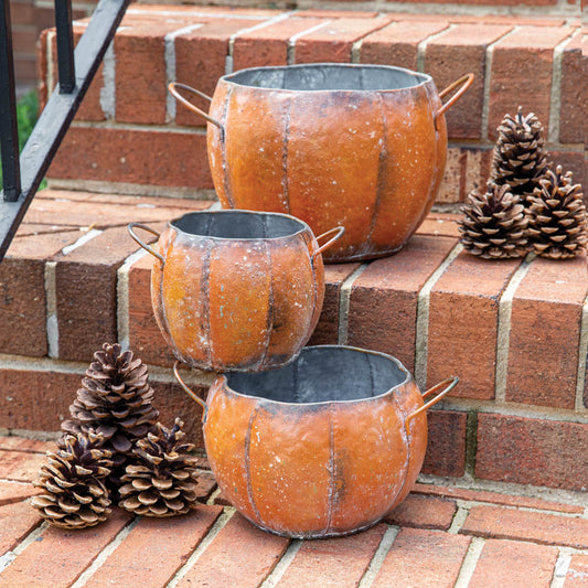 Fall Autumm Set of Three Metal Pumpkin Containers Planter Pots