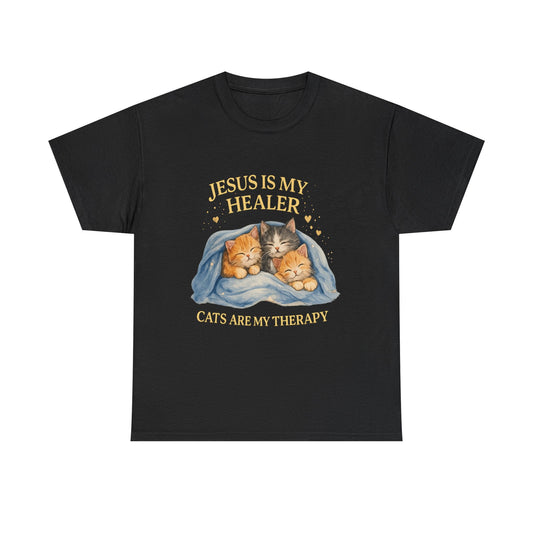 Christian Cat T-Shirt — "Jesus Is My Healer, Cats Are My Therapy" Cute Faith & Pet Tee