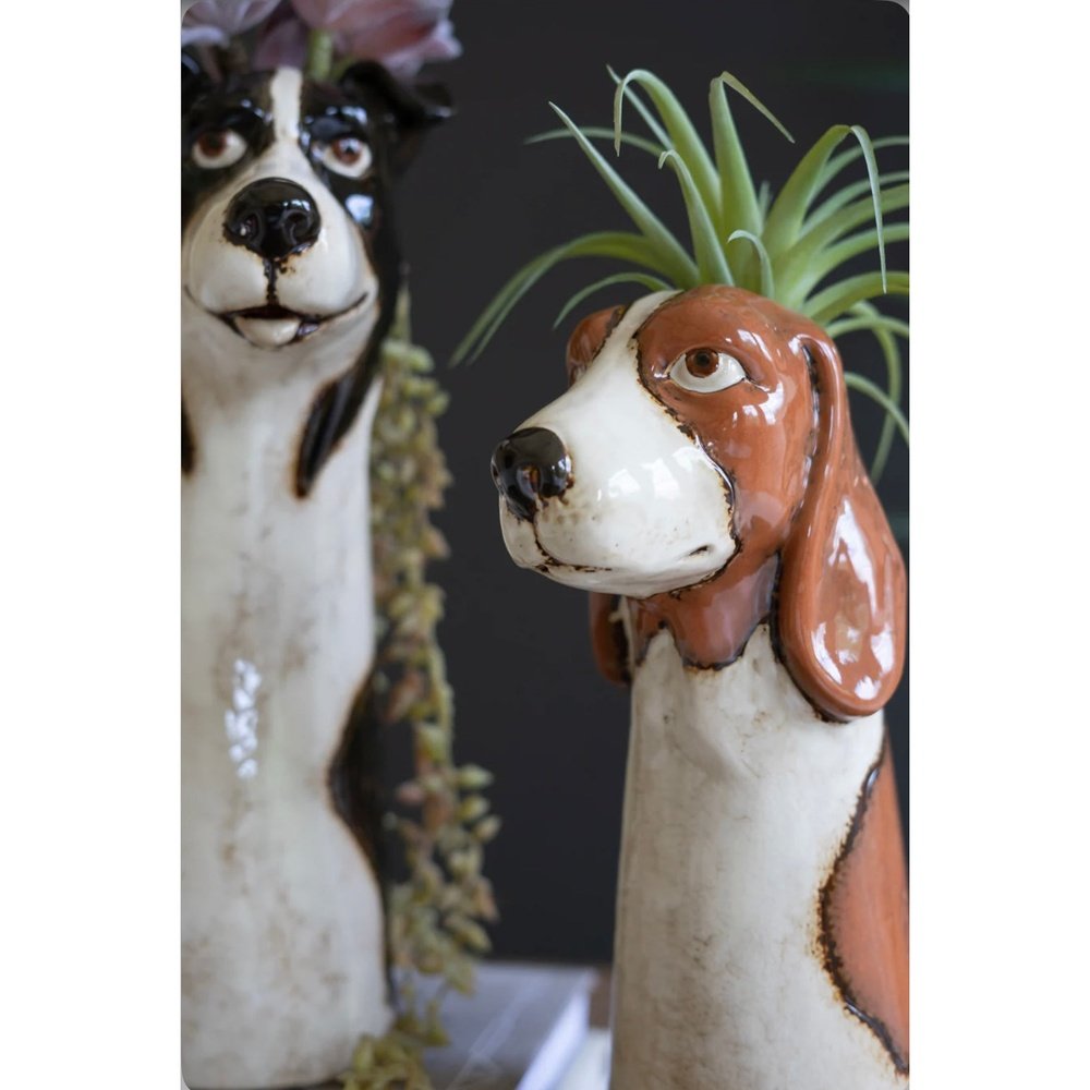 Set of 2 Ceramic Dog Planters