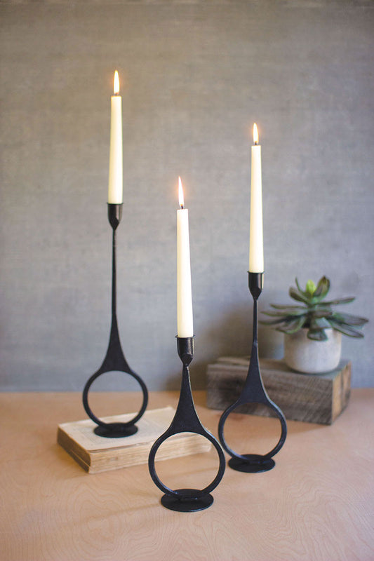 Set of 3 Cast Iron Taper Candle Holders with Ring Detail
