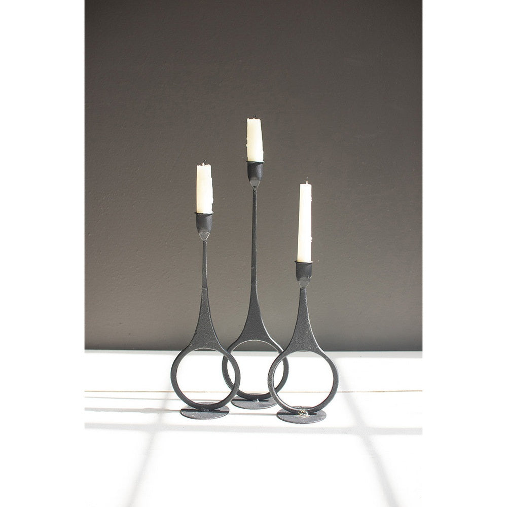 Set of 3 Cast Iron Taper Candle Holders with Ring Detail