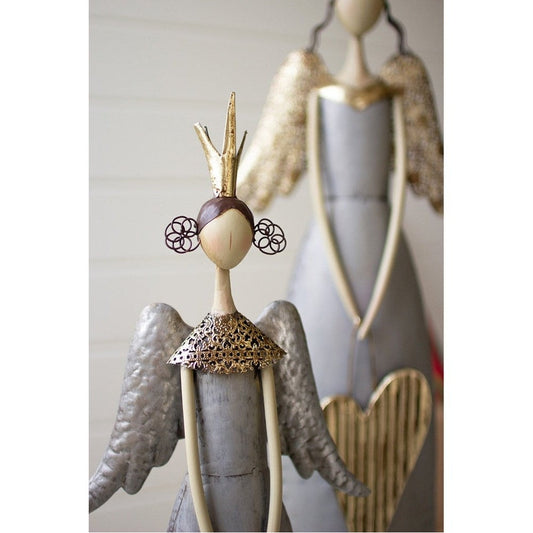 Set of 2 Gold and Grey Christmas Angels Holding a Heart and Star