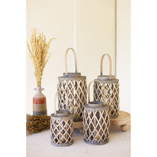 Set of 4 Grey Willow Cylinder Lanterns with Glass Inserts