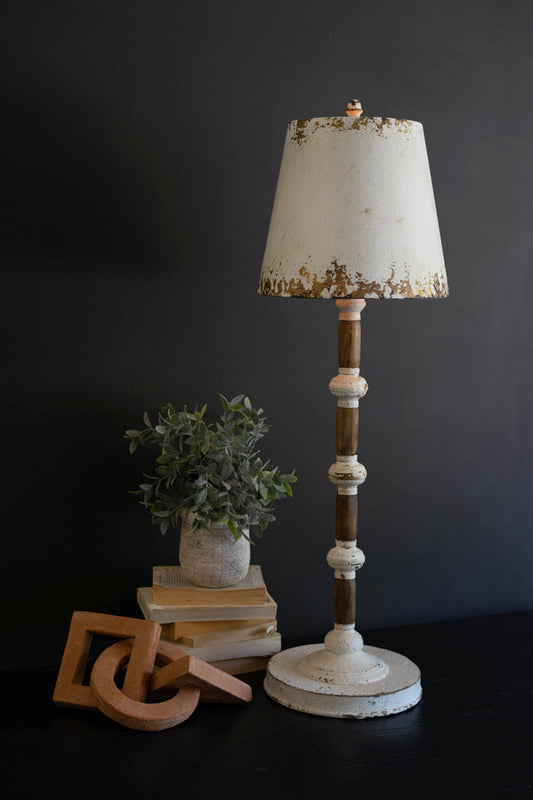 Antique White Table Lamp with Wood Spindle and Metal Shade