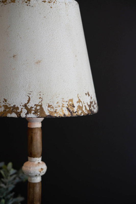 Antique White Table Lamp with Wood Spindle and Metal Shade