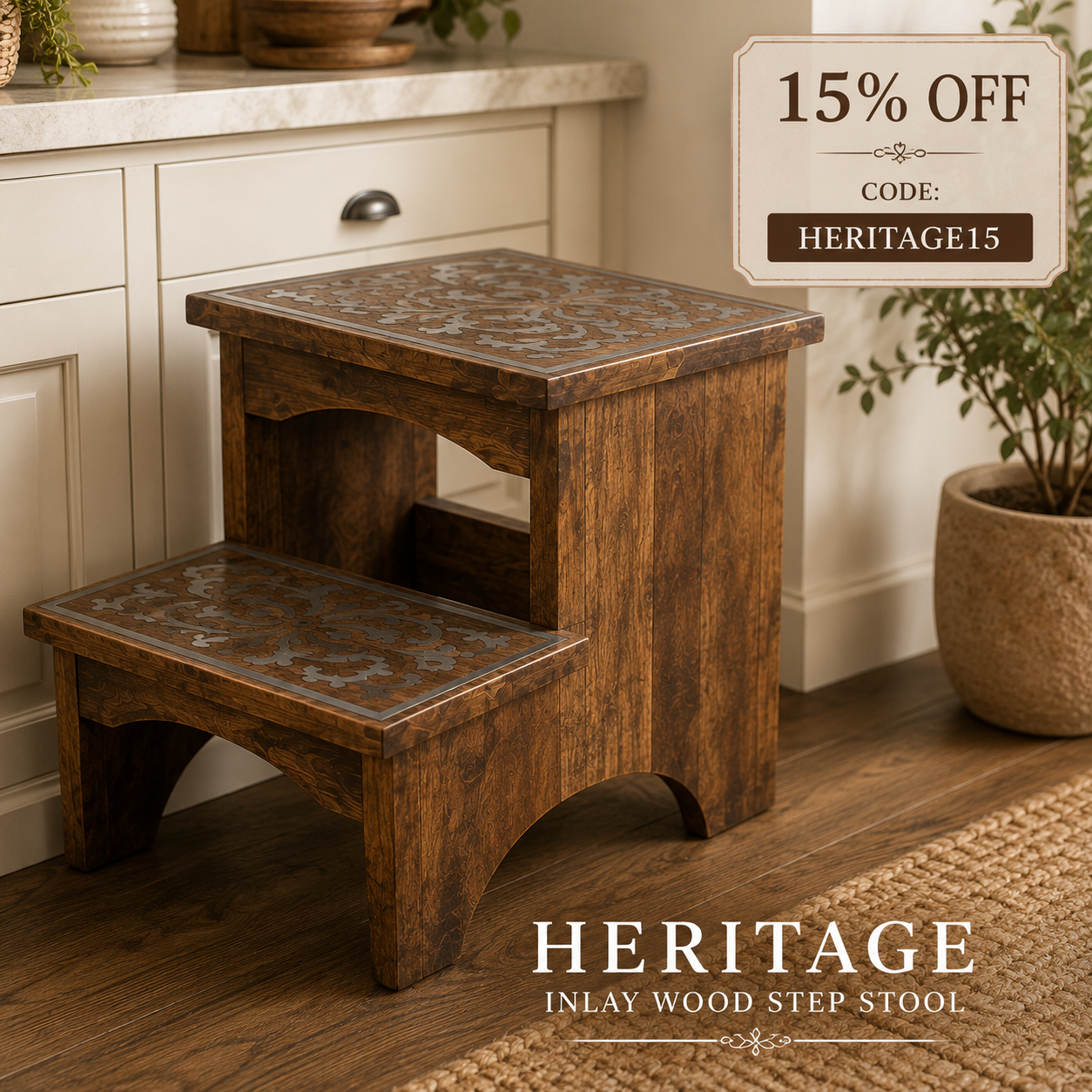 Heritage Inlay Mango Wood Step Stool – Limited Final Stock