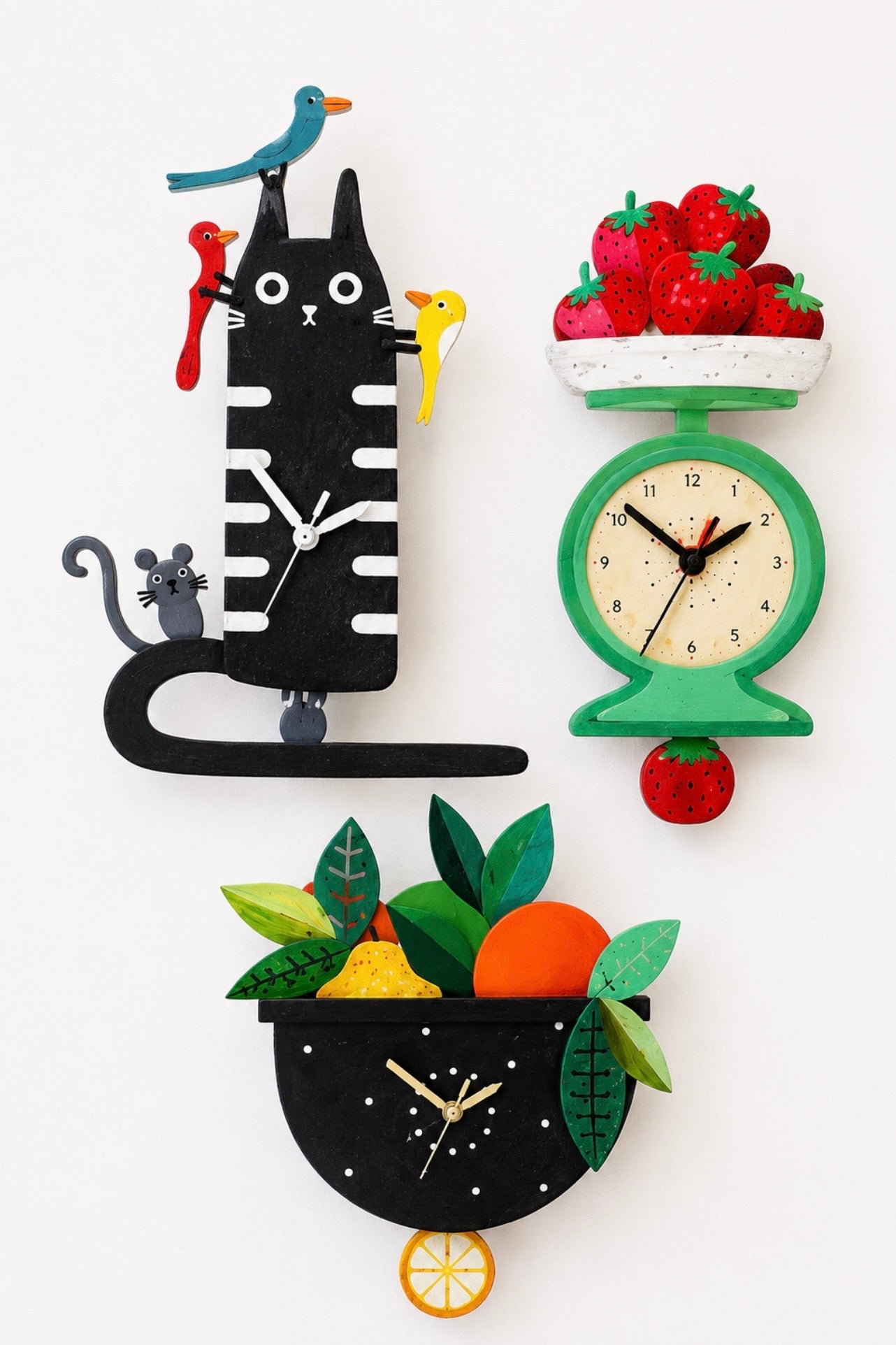 Hand-Painted Black Cat Wall Clock with Moving Pendulum