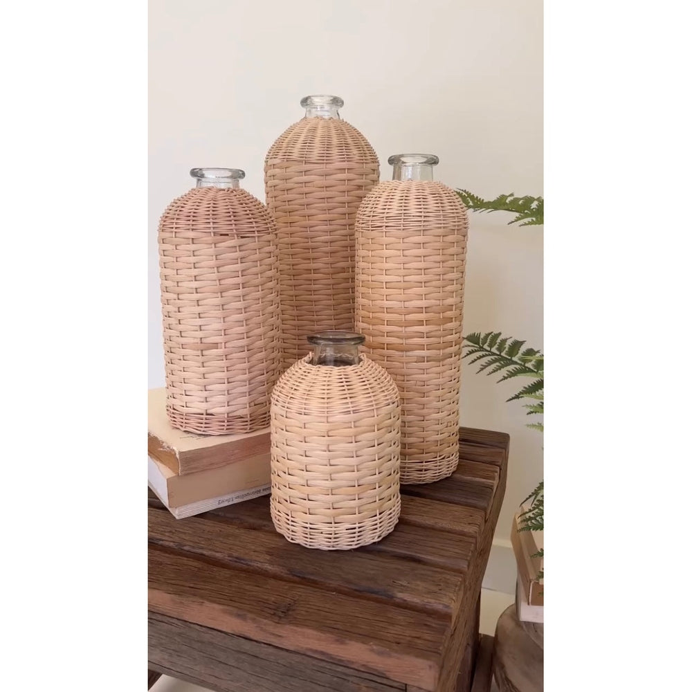 Set of 4 Rattan Wrapped Glass Vases