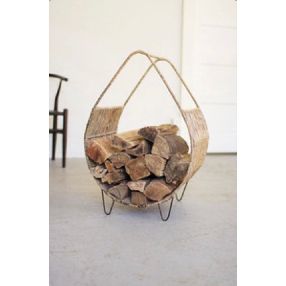 Woven Rush and Metal Firewood Rack with Tall Handle