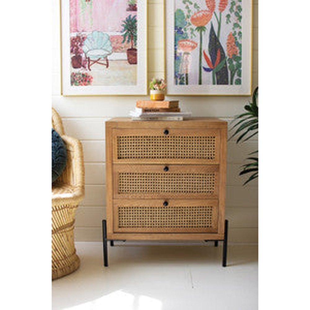 Wooden Bedside Table with Three Woven Cane Drawers