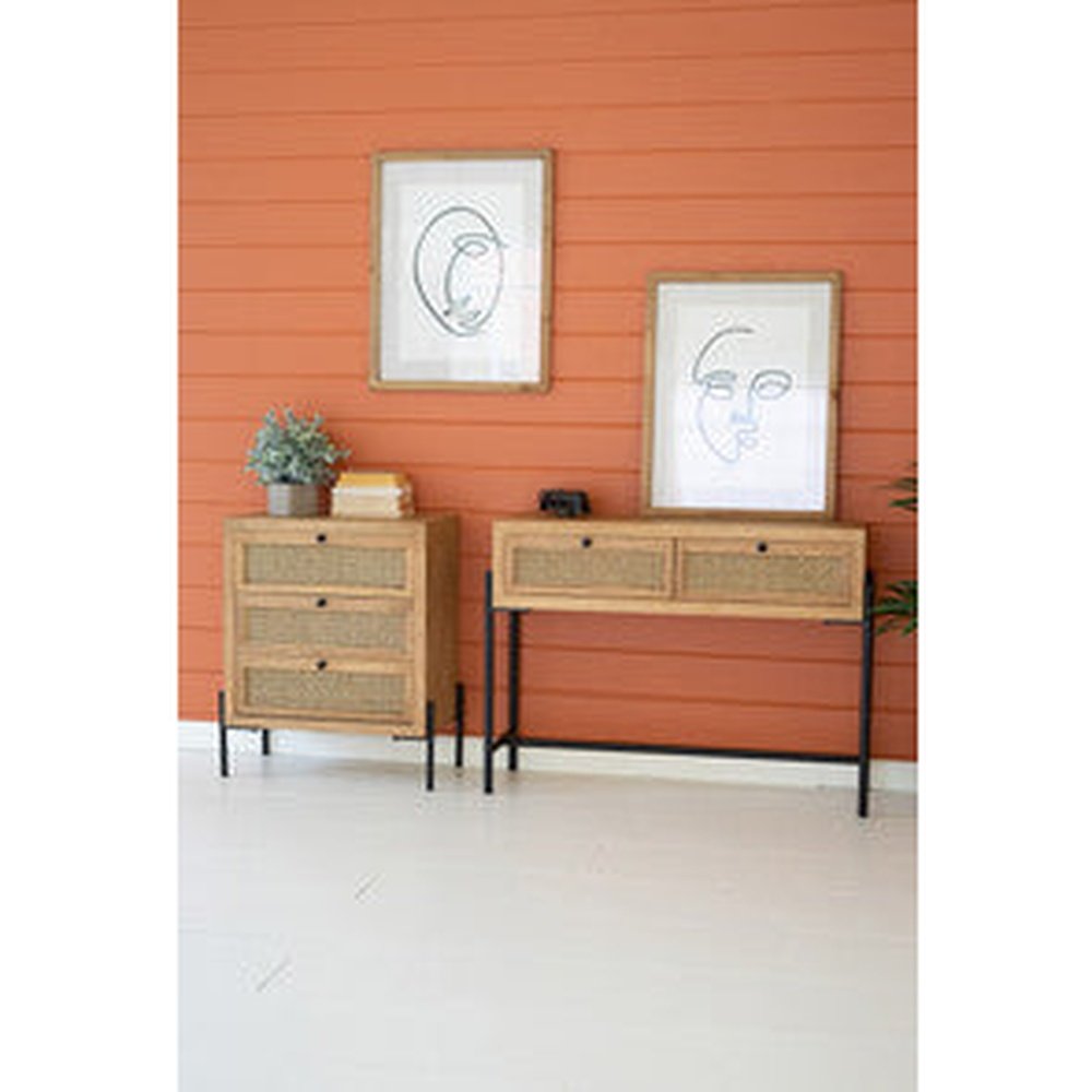 Wooden Bedside Table with Three Woven Cane Drawers