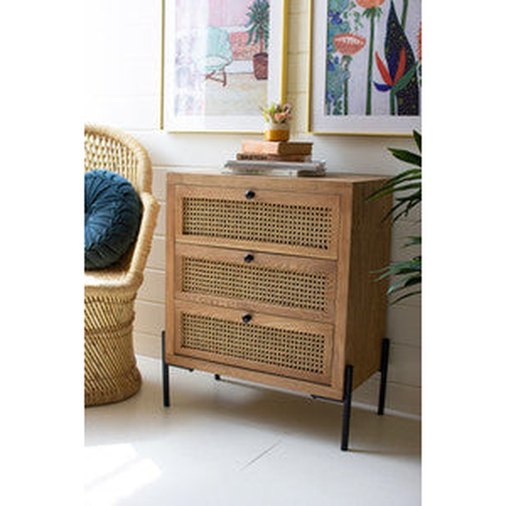 Wooden Bedside Table with Three Woven Cane Drawers