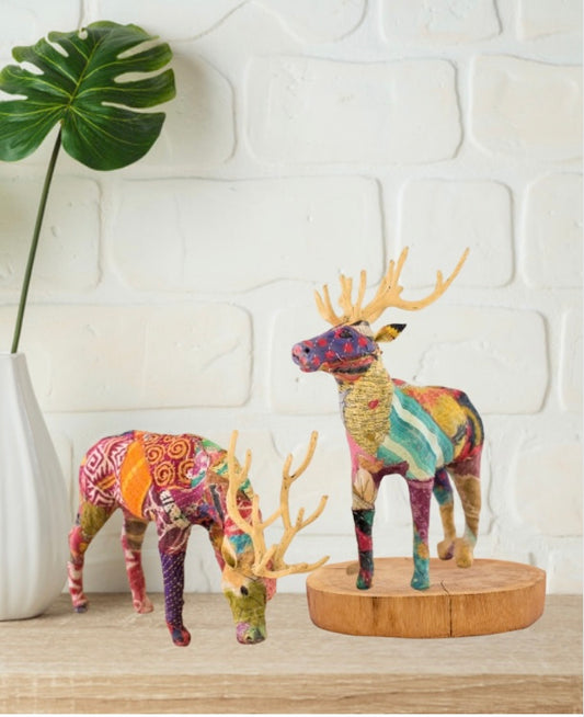Pair of Reindeer Tabletop Decor with Kantha Covering
