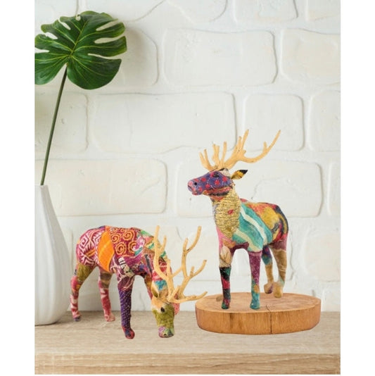 Pair of Reindeer Tabletop Decor with Kantha Covering