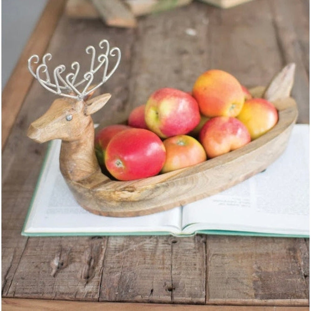 Hand-Carved Mango Wood Reindeer Bowl with Metal Antlers