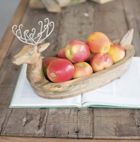 Hand-Carved Mango Wood Reindeer Bowl with Metal Antlers