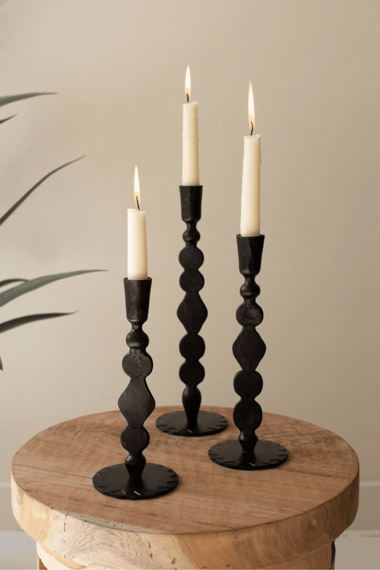 Set of 3 Forged Iron Waxed Black Taper Candle Holders