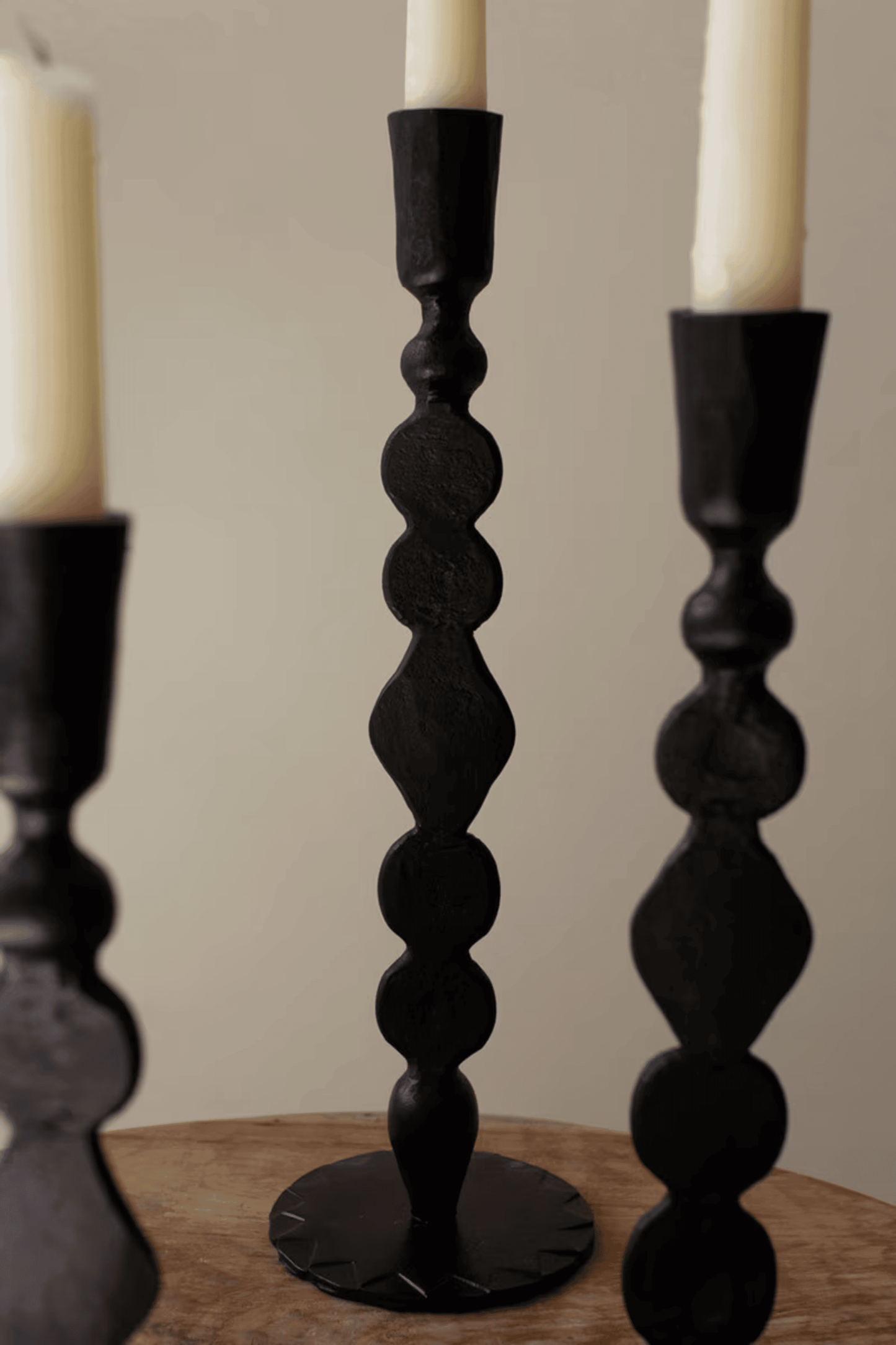 Set of 3 Forged Iron Waxed Black Taper Candle Holders