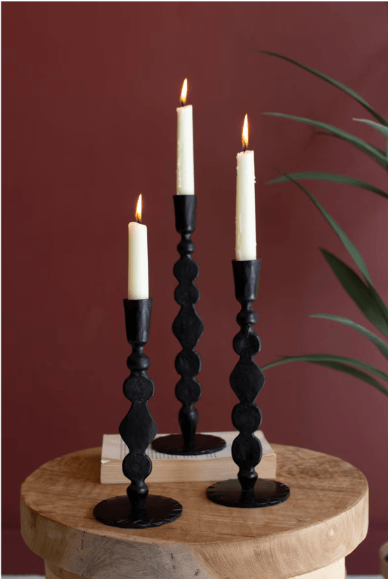 Set of 3 Forged Iron Waxed Black Taper Candle Holders