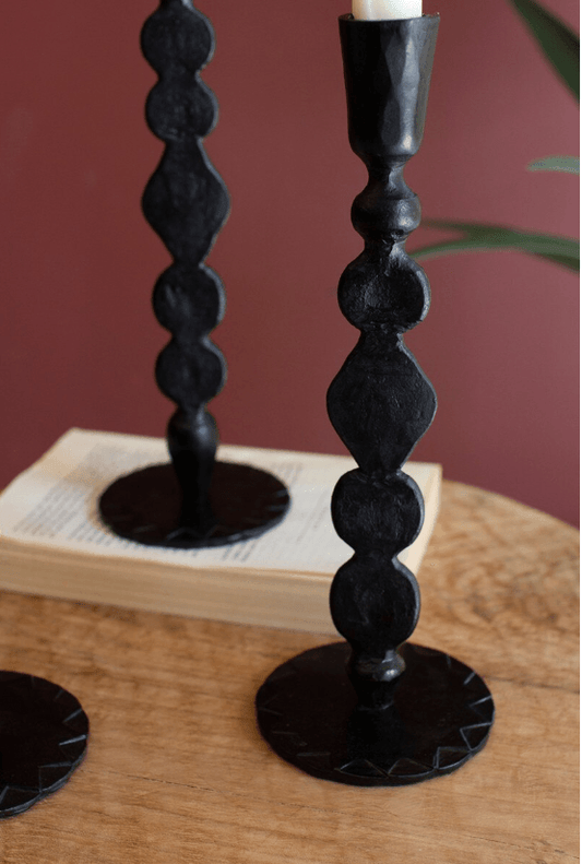 Set of 3 Forged Iron Waxed Black Taper Candle Holders