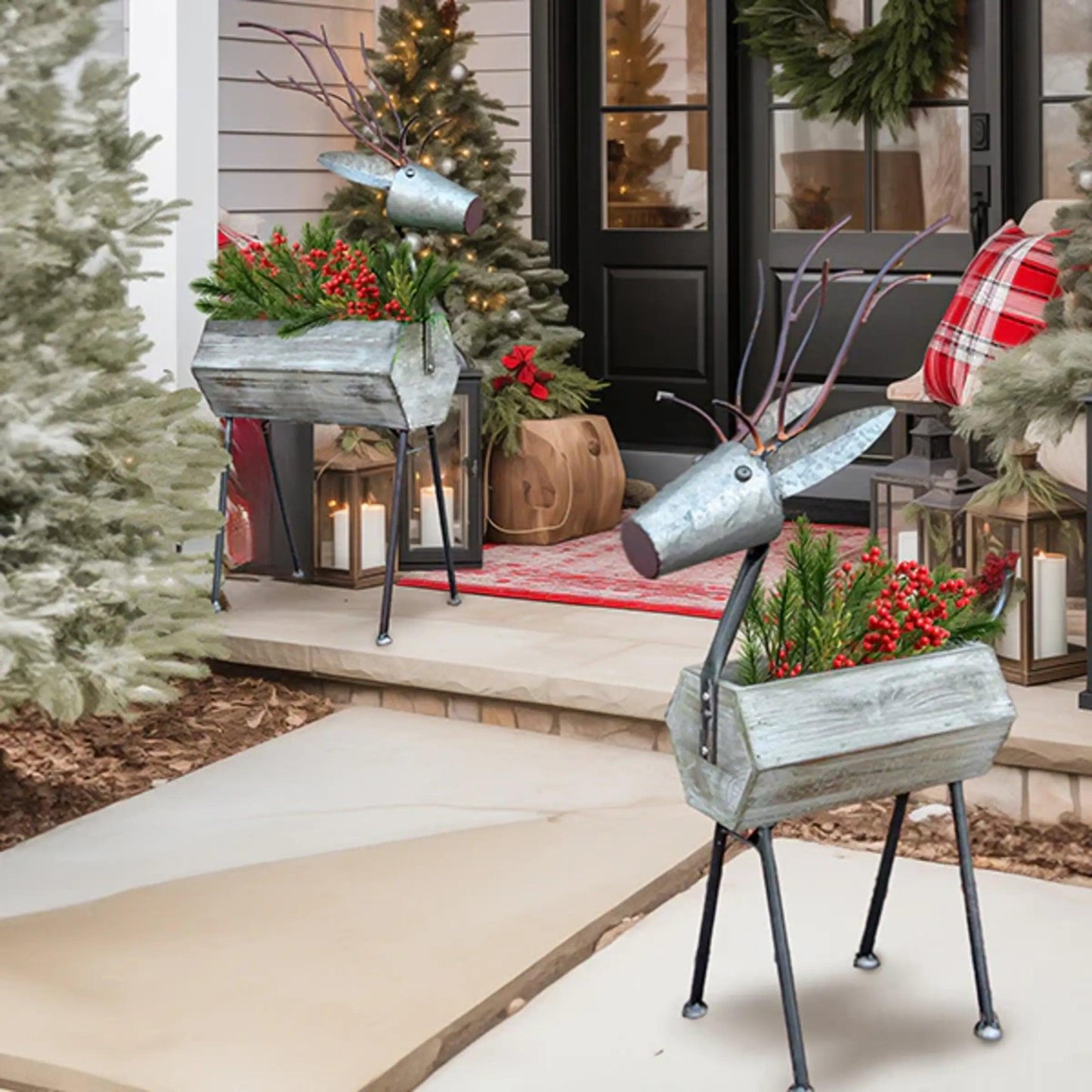 Large Farmhouse Christmas Metal Reindeer Planter Set – 2-Piece