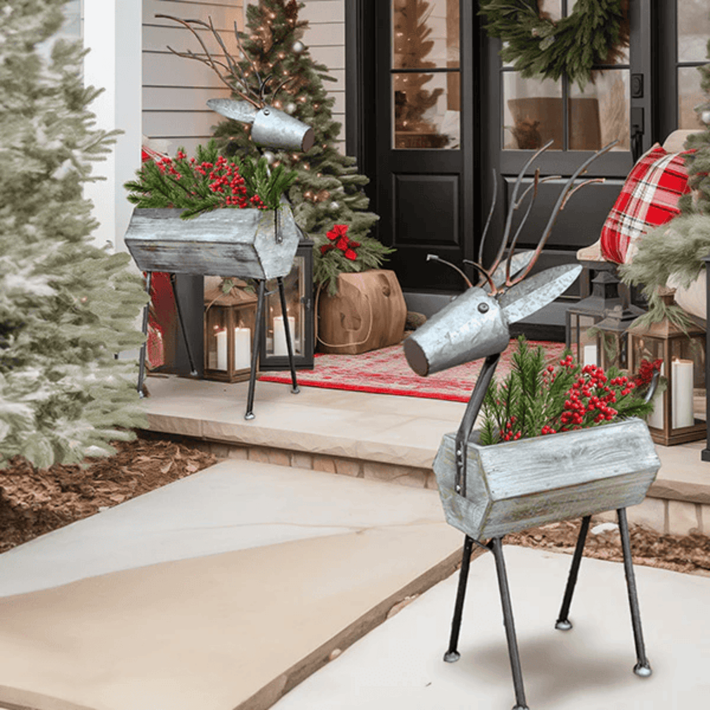Large Farmhouse Christmas Metal Reindeer Planter Set – 2-Piece