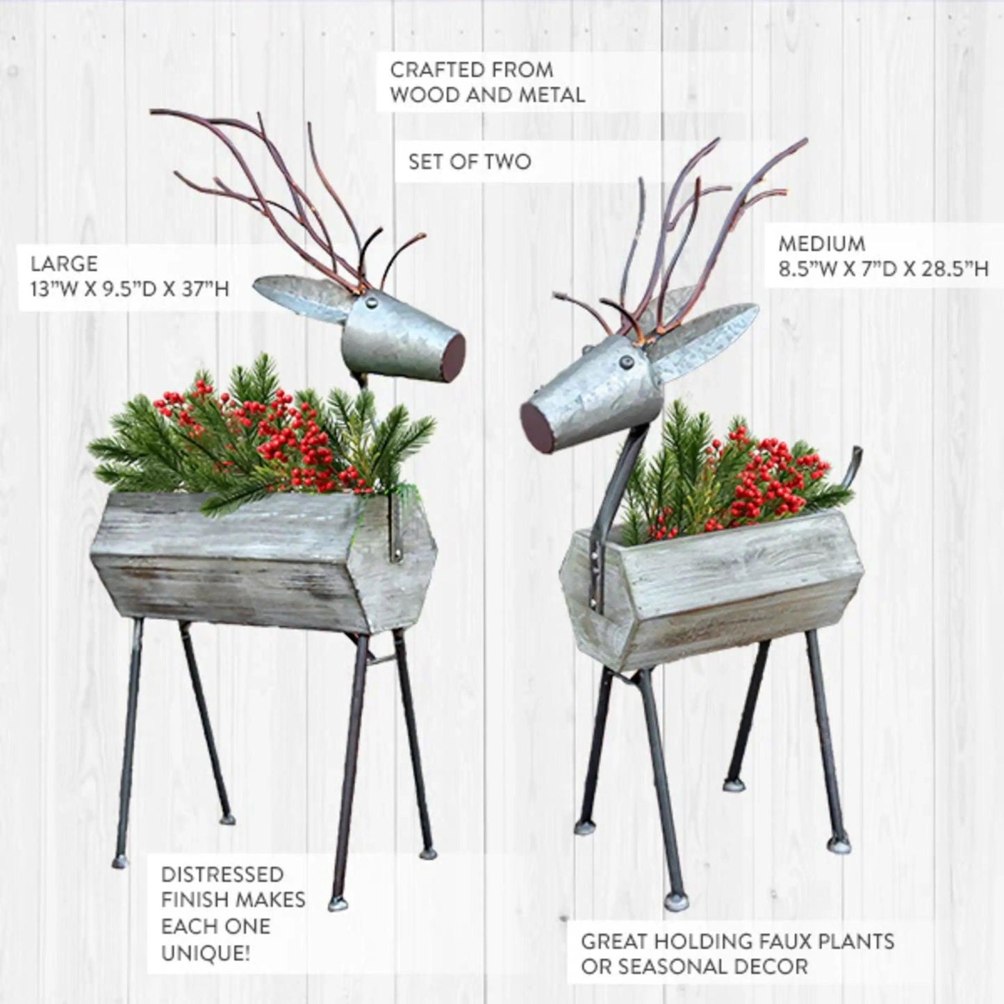 Large Farmhouse Christmas Metal Reindeer Planter Set – 2-Piece