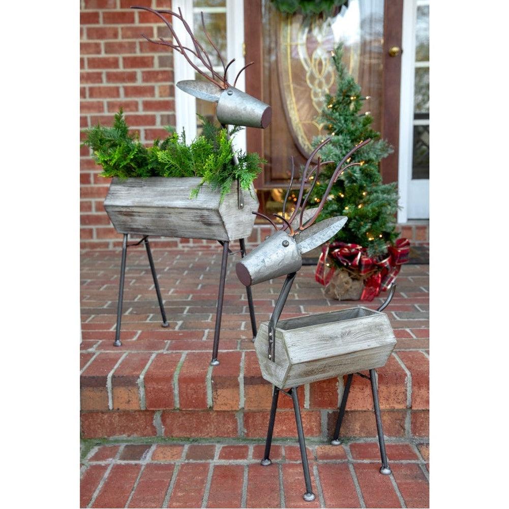Large Farmhouse Christmas Metal Reindeer Planter Set – 2-Piece