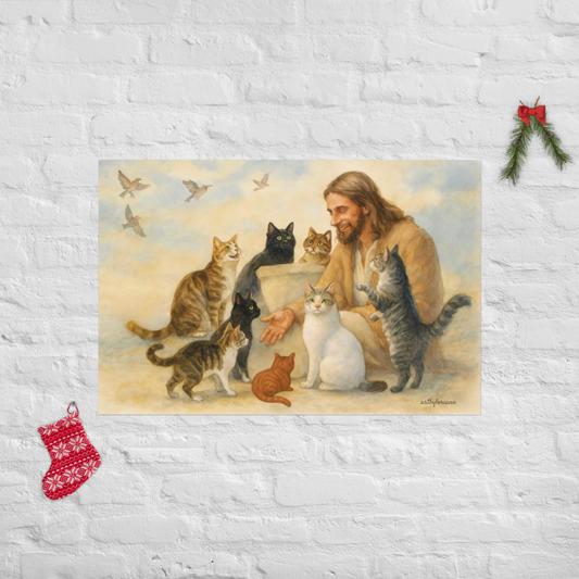 Jesus with Cats – A Portrait of Compassion Poster