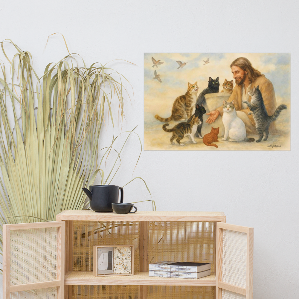 Jesus with Cats – A Portrait of Compassion Poster