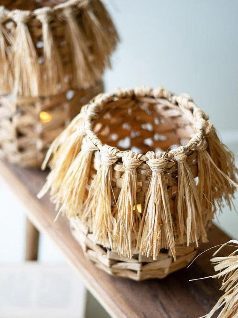 Set of 3 Seagrass Lanterns with Glass Insert