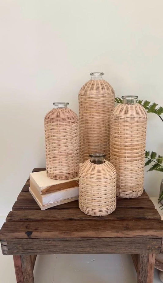 Elegant Set of 4 Rattan Wrapped Glass Vases