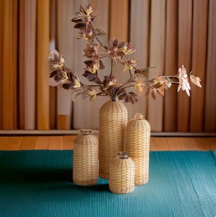 Elegant Set of 4 Rattan Wrapped Glass Vases