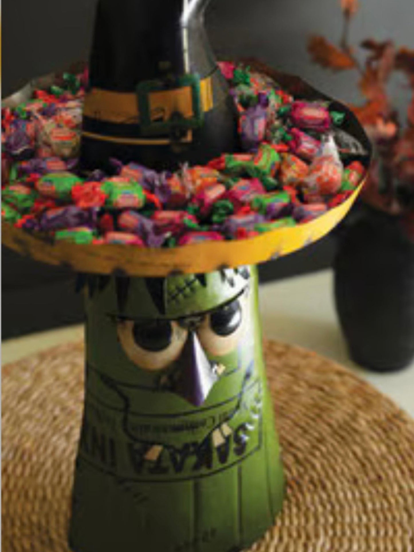 Recycled Metal Green Ghost Wearing a Candy Bowl Hat