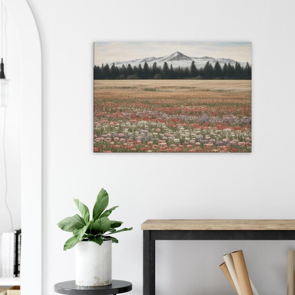 Wildflowers in a Field with Stunning Mountain View - Canvas Wall Art