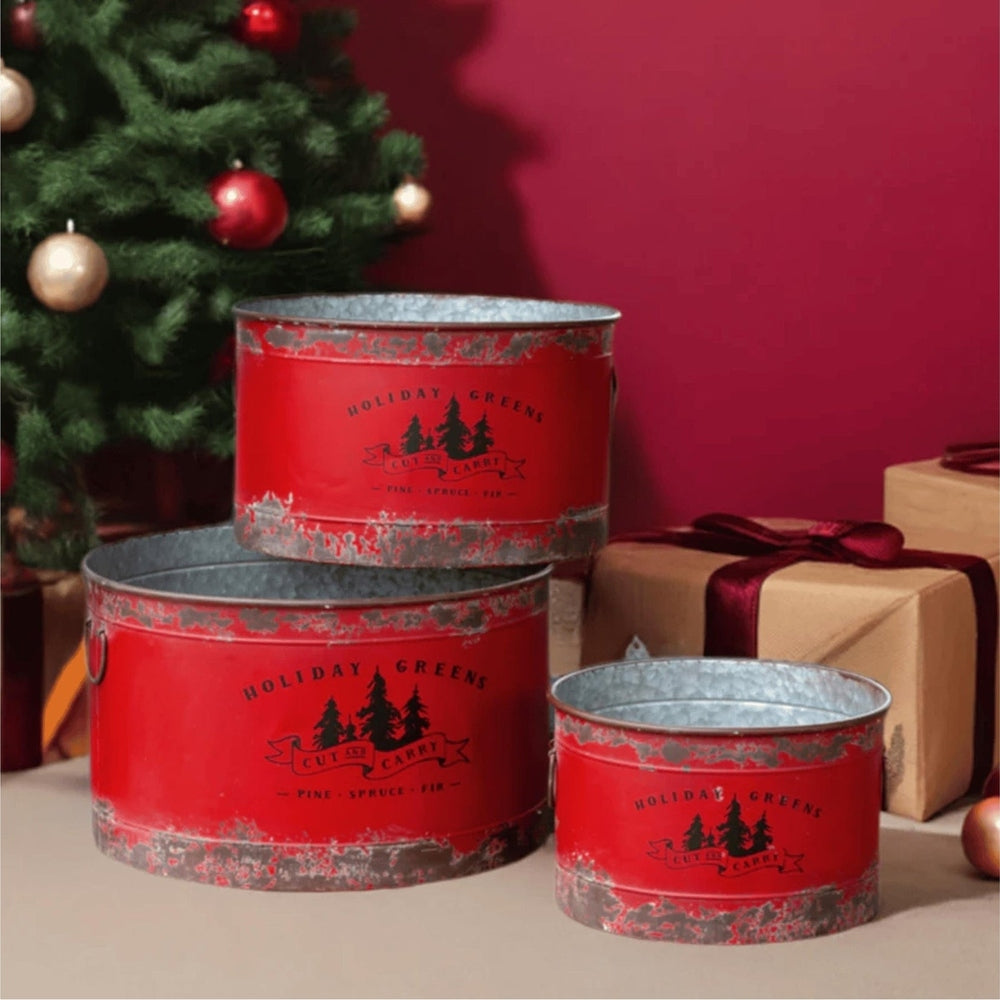 Antique Red Metal Tree Pots, Set of 3
