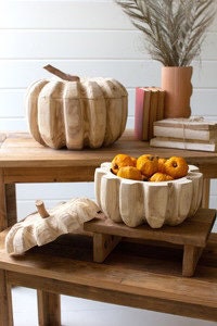 Set of Two Carved Wood Pumpkins With Removable Lids (Set of 2)