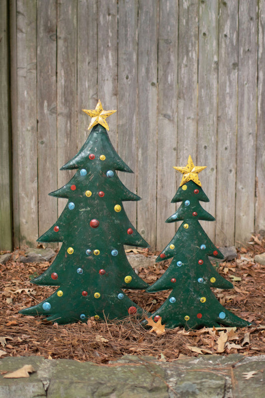 Set of 2 Hand-Hammered Metal Christmas Tree Yard Stakes