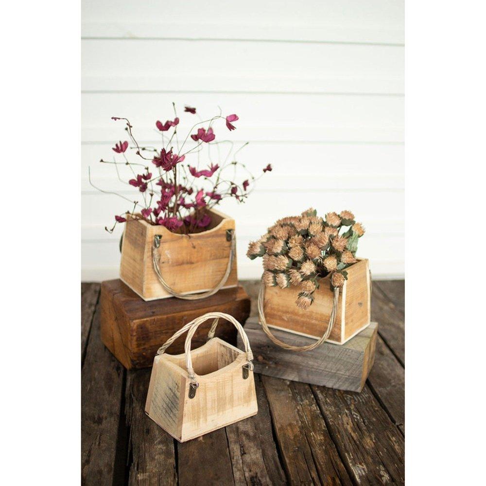 Rustic Recycled Wood Hand Bag Planters Set Of 3