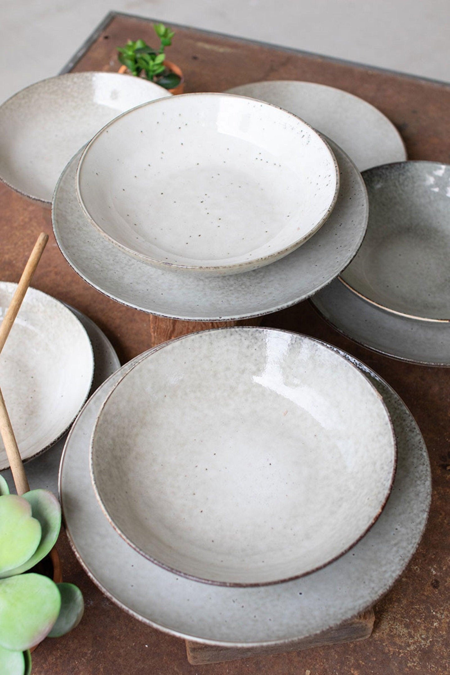 Oatmeal Ceramic Dinner Plates & Bowls- 12 Sets
