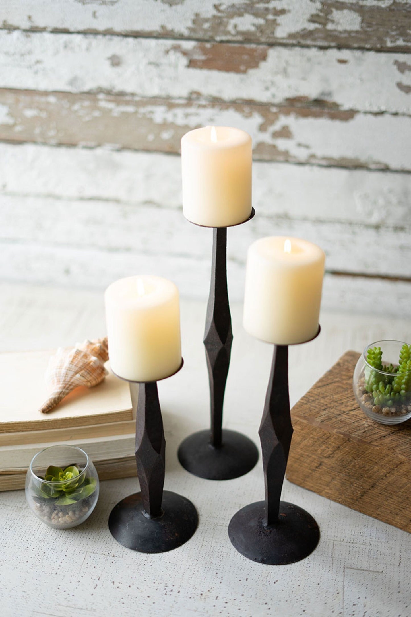 Set of 3 Rustic Hand Forged Iron Candle Stands