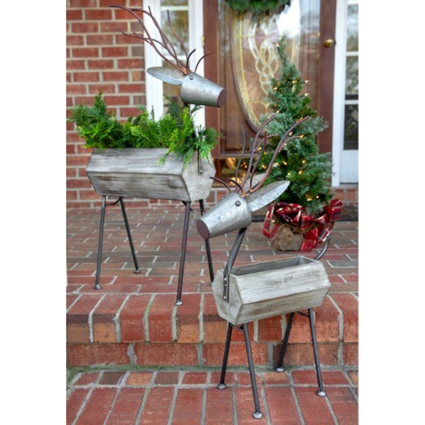 Large Farmhouse Christmas Metal Reindeer Planter Set – 2-Piece